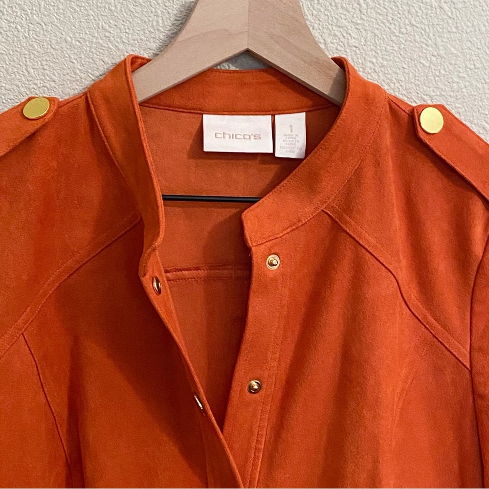 Chico’s Orange Faux Suede Military Inspired Snap Front Jacket - Medium - Picture 3 of 12